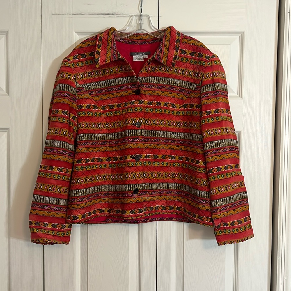 Women’s Lightweight Colorful Silk Jacket Size 16 Tribal Stripe Maggy L brand. K1